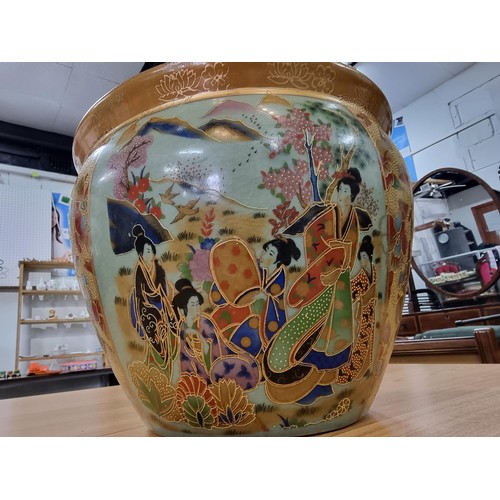 291 - A good antique Japanese Satsuma large fishbowl planter vase with a hand painted enamel paint design ... 