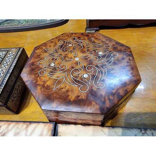 294 - 2 good wooden boxes along with 3 wooden wall plaques to include a good inlaid parquetry musical box ... 