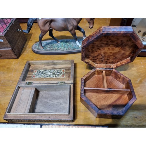 294 - 2 good wooden boxes along with 3 wooden wall plaques to include a good inlaid parquetry musical box ... 