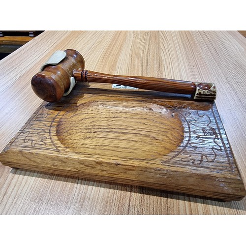 295 - A good quality vintage ornate gavel and block of good construction to include a solid oak block with... 