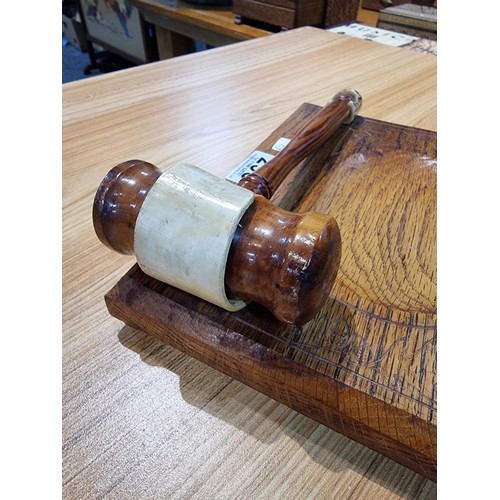 295 - A good quality vintage ornate gavel and block of good construction to include a solid oak block with... 