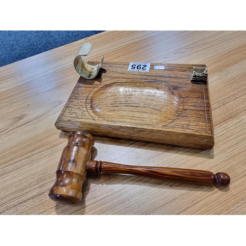 295 - A good quality vintage ornate gavel and block of good construction to include a solid oak block with... 