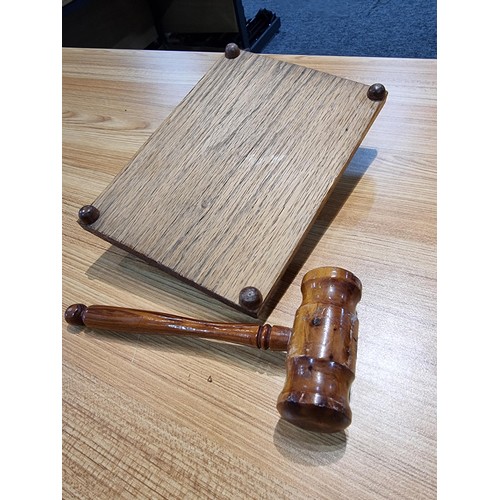 295 - A good quality vintage ornate gavel and block of good construction to include a solid oak block with... 