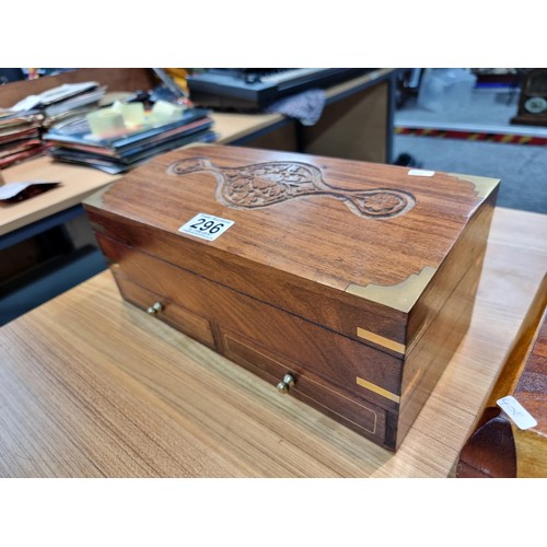 296 - 3 good wooden boxes to include a brass mounted solid mahogany storage box with a carved top with a l... 