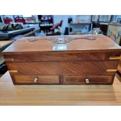 296 - 3 good wooden boxes to include a brass mounted solid mahogany storage box with a carved top with a l... 