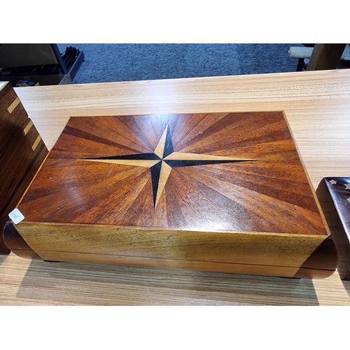 296 - 3 good wooden boxes to include a brass mounted solid mahogany storage box with a carved top with a l... 