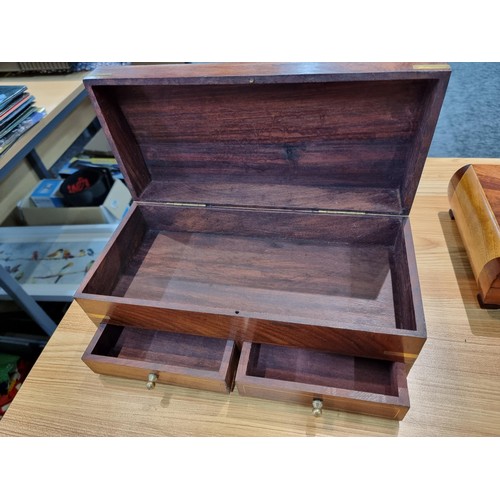 296 - 3 good wooden boxes to include a brass mounted solid mahogany storage box with a carved top with a l... 