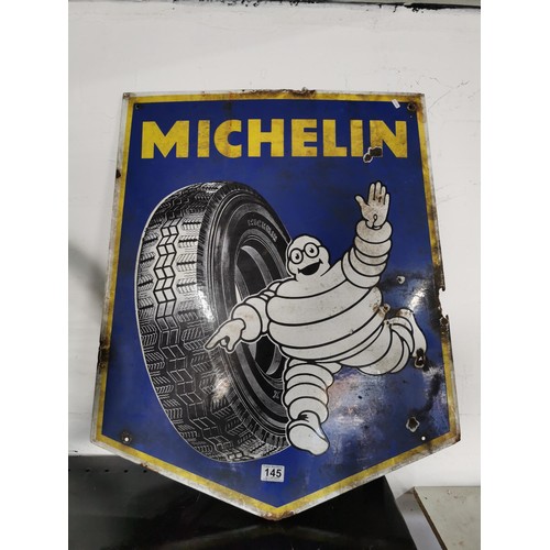 145 - Vintage Michelin tyres enamel sign showing ware to the edges measures 76cm high by 62.5cm wide