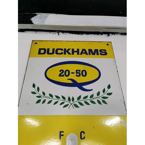 146 - Vintage Duckhams 20-50 enamel sign, depicting thermometer measurements, 91cm high 33cm wide