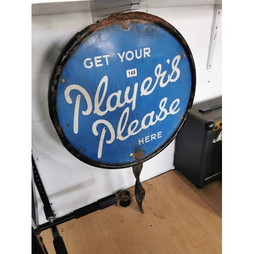 148 - Vintage double sided Players blue circular enamel sign with white writing, one side is showing more ... 