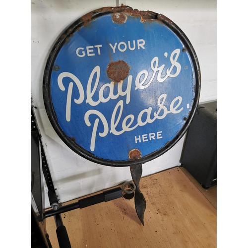 148 - Vintage double sided Players blue circular enamel sign with white writing, one side is showing more ... 