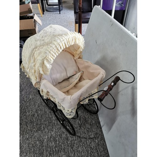 177 - Vintage reproduction Victorian style pram in good order with lace canopy and wooden handle