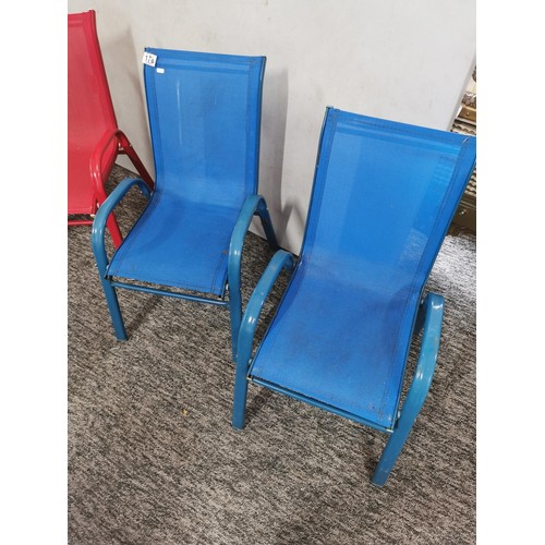 178 - Collection of 4x red and blue children's outdoor chairs, height 60cm width 36cm