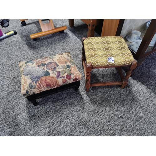 504 - Small black wooden foot stool with storage and padded top along with a barley twist foot stool