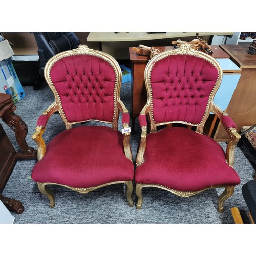 507 - 2x louis xiv carver chairs with button backs have been painted in gold paint in good overall conditi... 