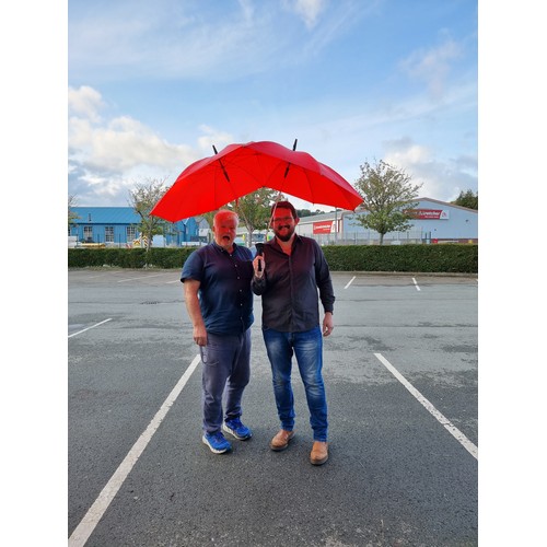 231 - An unusual double umbrella for 2 people by Cincinnati Milacron along with 2 good solid wood walking ... 