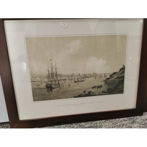 1 - 2x framed and glazed prints of Spanish harbour scenes along with a hand coloured lithograph of The s... 