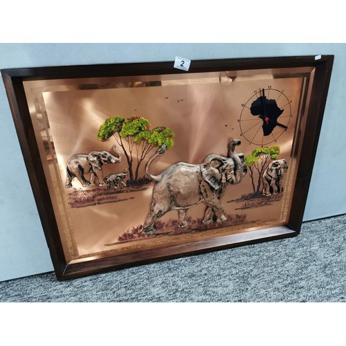 2 - Large wooden framed copper 3D elephant picture depicting 3 elephants with quartz clock to the top ri... 