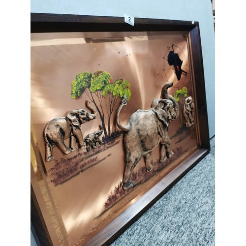 2 - Large wooden framed copper 3D elephant picture depicting 3 elephants with quartz clock to the top ri... 