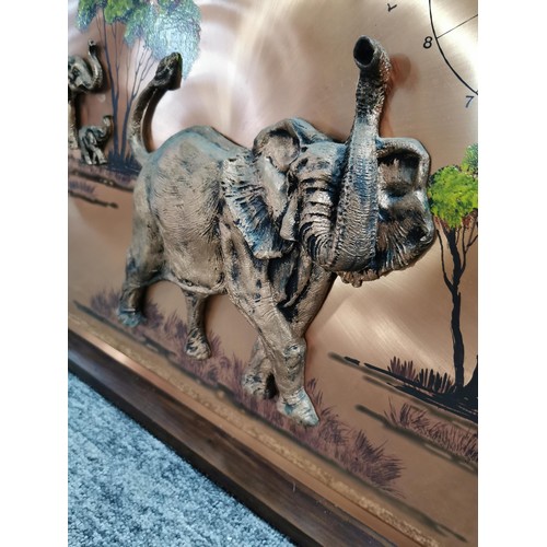 2 - Large wooden framed copper 3D elephant picture depicting 3 elephants with quartz clock to the top ri... 