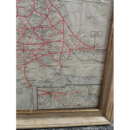 5 - Framed map for Great Western railway showing the rail routes for wales and the south west of England... 