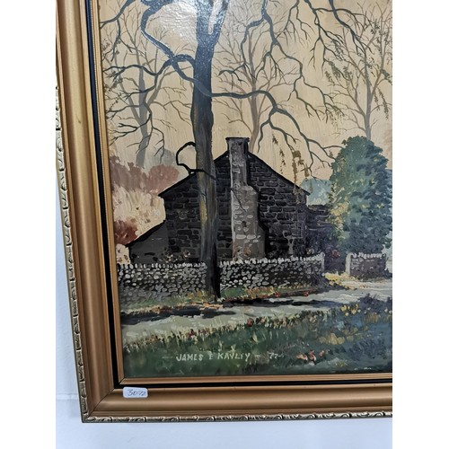 10 - James E Kavley oil on board picture of a farm scene in good order, signed bottom left and dated '77,... 