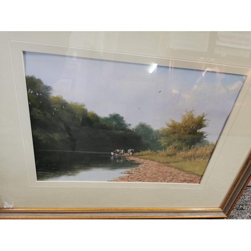 11 - 3x framed and glazed pictures inc a T. Leighton pastel scene of cows by the river, along with a Limi... 