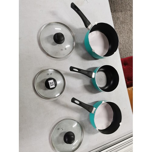 21 - Set of 3x saucepans along with Frame Co Mat Master for cutting mounts complete along with a plastic ... 