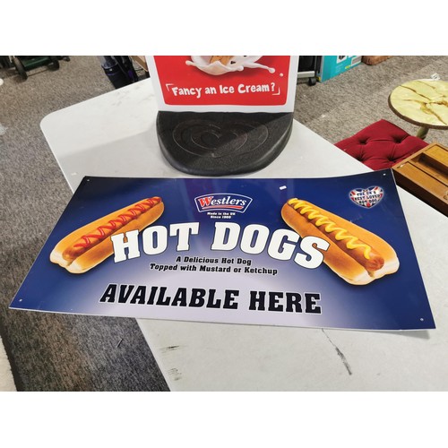 47 - Metal pavement double sided wall's sign standing on hard rubber base along with a Westlers hotdog si... 