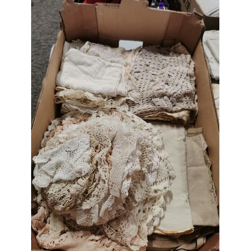 54 - large quantity of lace, crocheted items inc place and table dollies, runners, table cloth with gold ... 