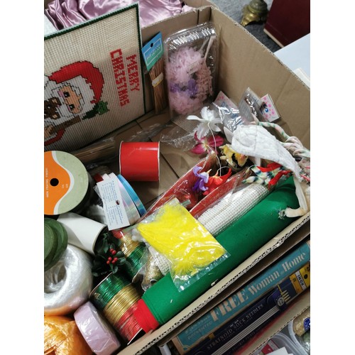 62 - Box containing a large quantity of craft items inc ribbons, tapestry, needles, quantity of material ... 