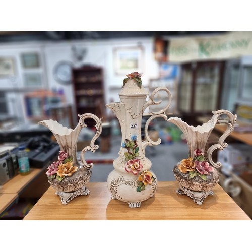 237 - 3x very large impressive ornamental jug vases by Capo Di Monte, to include 2 matching vases with a 3... 