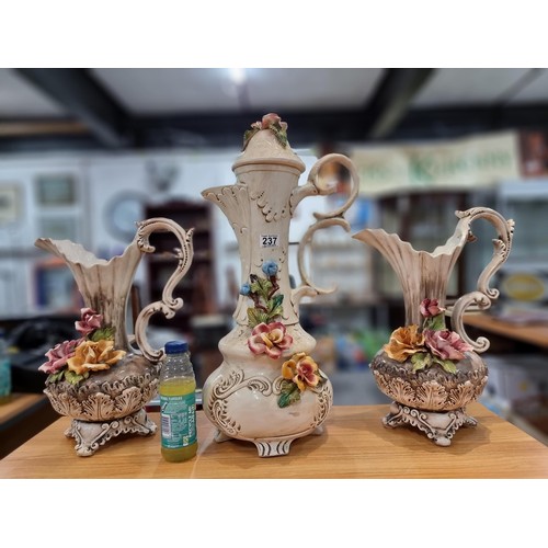 237 - 3x very large impressive ornamental jug vases by Capo Di Monte, to include 2 matching vases with a 3... 