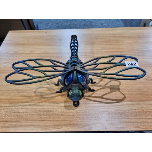 242 - A rare unusual cast iron dragonfly wall hanging tea light holder with hand blown glass, in excellent... 