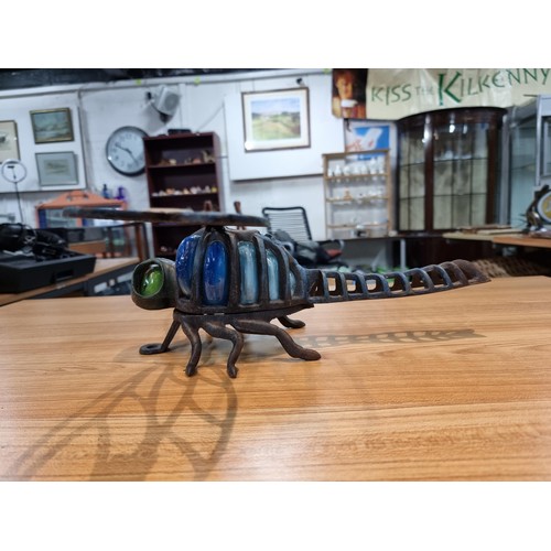 242 - A rare unusual cast iron dragonfly wall hanging tea light holder with hand blown glass, in excellent... 