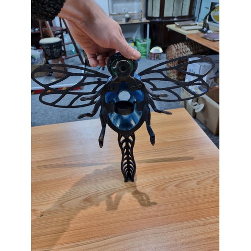 242 - A rare unusual cast iron dragonfly wall hanging tea light holder with hand blown glass, in excellent... 