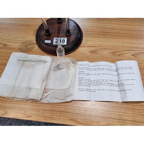 248 - An unused Bridale lamp which features 3 hand blown glass stems, featuring fibre wicks which are to b... 