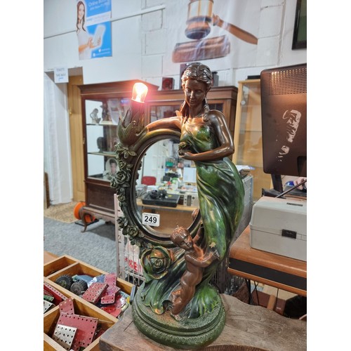 249 - An impressive large figural lamp featuring a mirror with a lady and cherub design, in good clean wor... 