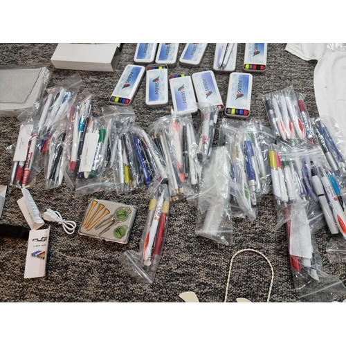 258 - A box of mostly stationary odds to include many pens, 4 boxed as new metal water bottles, pen and no... 
