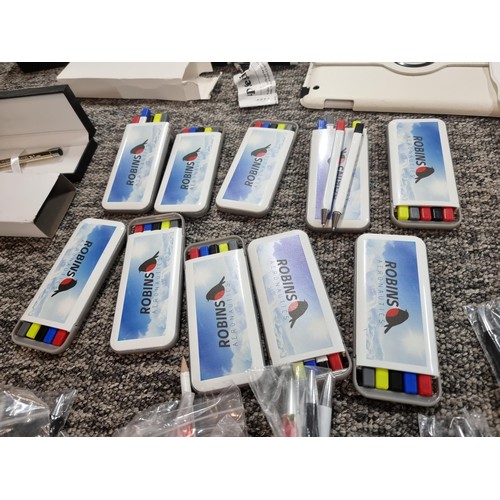 258 - A box of mostly stationary odds to include many pens, 4 boxed as new metal water bottles, pen and no... 