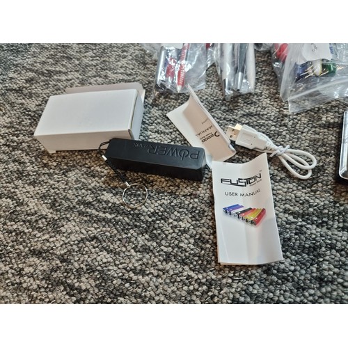 258 - A box of mostly stationary odds to include many pens, 4 boxed as new metal water bottles, pen and no... 