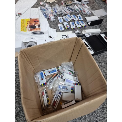 258 - A box of mostly stationary odds to include many pens, 4 boxed as new metal water bottles, pen and no... 