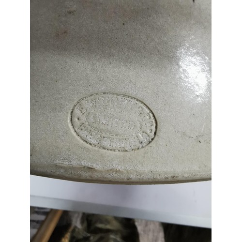 268 - Large stoneware flagon stamped F. Wright & Co, along with a vintage bed warmer with a Listers stamp ... 