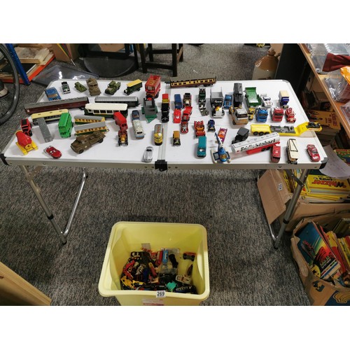 269 - Box containing a large quantity of die cast vehicles inc buses, lorries train carriages, vintage car... 