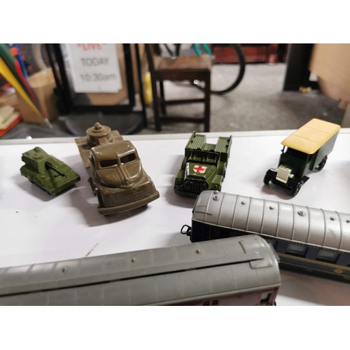 269 - Box containing a large quantity of die cast vehicles inc buses, lorries train carriages, vintage car... 