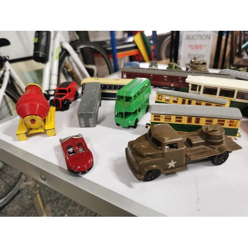 269 - Box containing a large quantity of die cast vehicles inc buses, lorries train carriages, vintage car... 