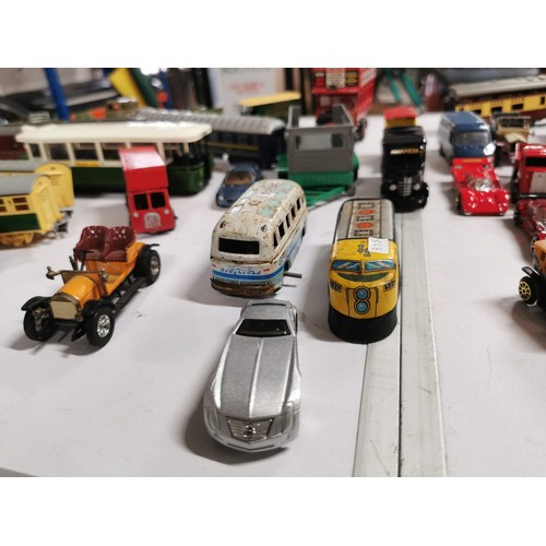 269 - Box containing a large quantity of die cast vehicles inc buses, lorries train carriages, vintage car... 