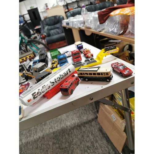 269 - Box containing a large quantity of die cast vehicles inc buses, lorries train carriages, vintage car... 
