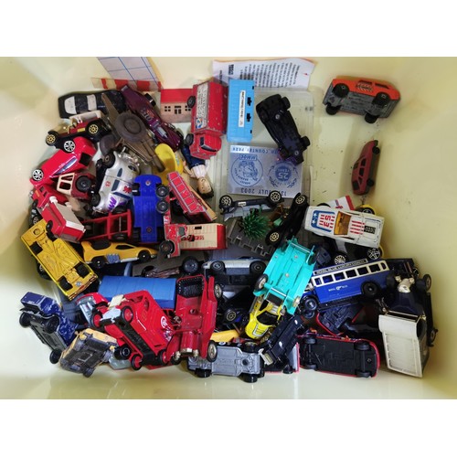 269 - Box containing a large quantity of die cast vehicles inc buses, lorries train carriages, vintage car... 