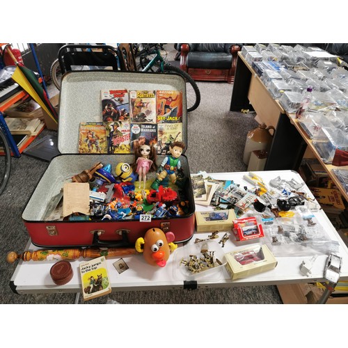 272 - A vintage suitcase full of various toys to inc star wars figures, giant pencil, military figures, ac... 